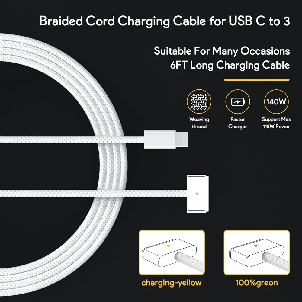 140W USB C To Mag3 Charger For Macbook Air / Pro 13 14 15 16 Inch 2021-26 Models
